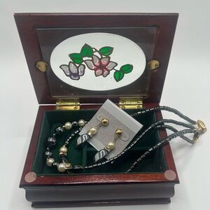 Vintage Jewelry Box with Two Hematite/Faux Pearl Necklaces and Earrings
